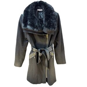 Via Spiga Black 60 % Wool Blend Trench Coat Faux Fur Collar Size 14